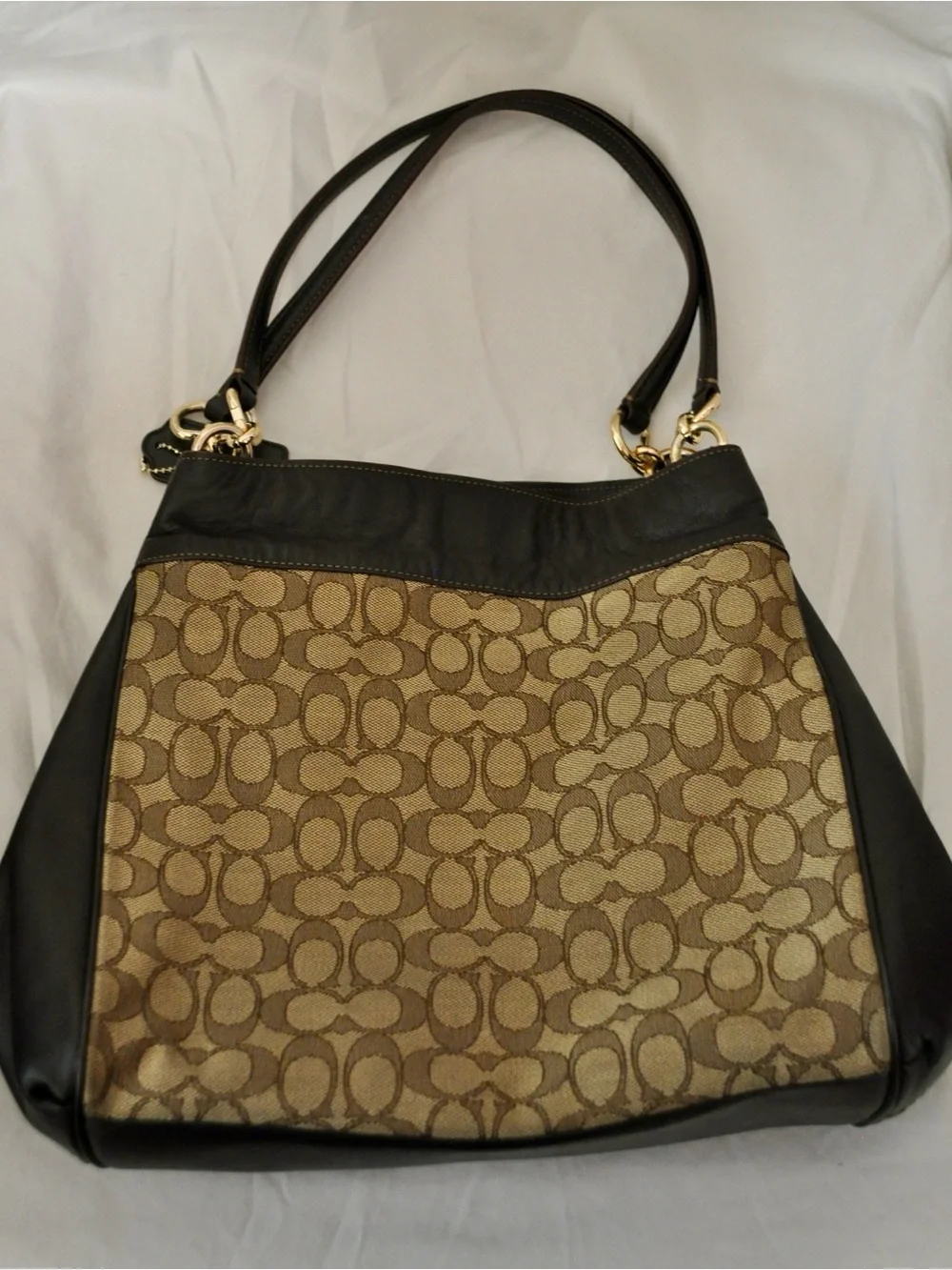 Coach Brown Signature Canvas Shoulder Bag with Black Leather Trim - Picture 2 of 5